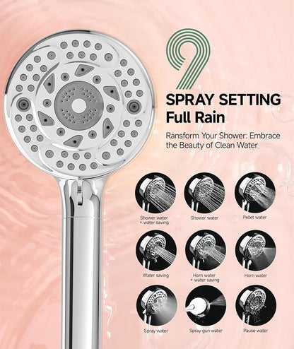SunCleanse Filtered Shower Head with Handheld,9-Spray Setting High Pressure Detachable Shower Head with 4 Filters for Hard Water - Filter Chlorine, Improve Skin and Hair Texture(4 Filters, Chrome)