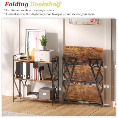 UDD No Assembly Wide Folding Bookshelf, 34" H x 30.9" W, 3 Tier Foldable Book Shelf Industrial Bookcase, Vintage Collapsible Storage Shelves for Home Office Living Room Bedroom, Rustic Brown Black