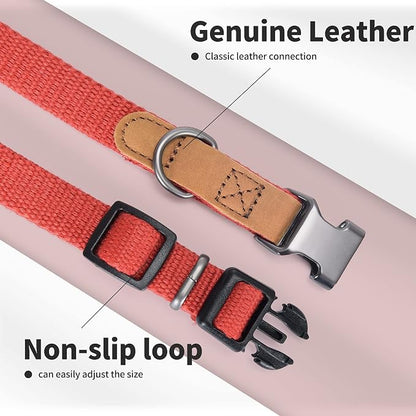 Mile High Life Genuine Leather Dog Collar, Soft Cotton Pet Collars with Heavy Metal Buckle for Small Large Dogs (Red, L Neck 17"-21")