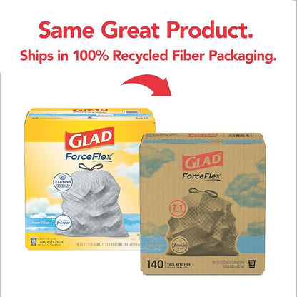 Glad ForceFlex Tall Kitchen Trash Bags, 13 Gallon, Fresh Clean, 140 Count (Package May Vary)