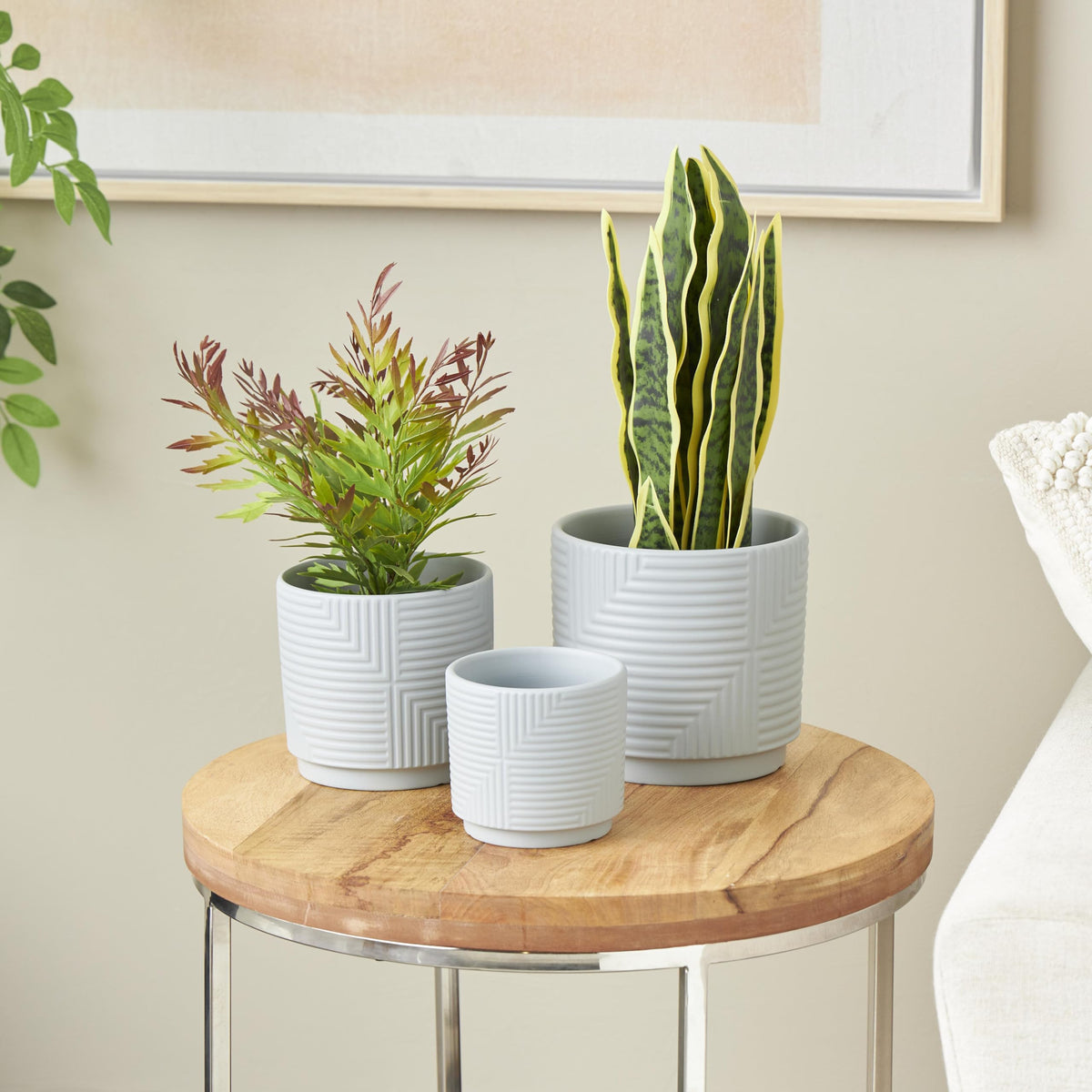 Deco 79 Ceramic Indoor Outdoor Planter Small Planter Pot with Layered Square Shaped Grooves, Set of 3 Planters 7", 6", 4"H, Gray