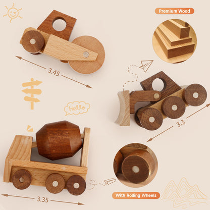 MONT PLEASANT Wooden Construction Vehicle Toy Set of 3, Toddler Montessori Toys Cement Truck Bulldozer Steam Roller Toy Car with Rolling Wheels, Kid Construction Toys Educational Gift for Boys & Girls