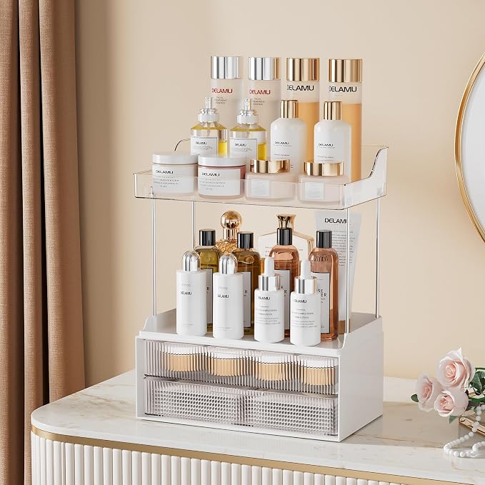 Delamu Bathroom Organizers and Storage, 2 Tier 2 Drawer Makeup Organizer Countertop, Easy to Install, Ideal for Bathroom Counter, Vanity, Ideal for Women Girls, Clear 2Pack
