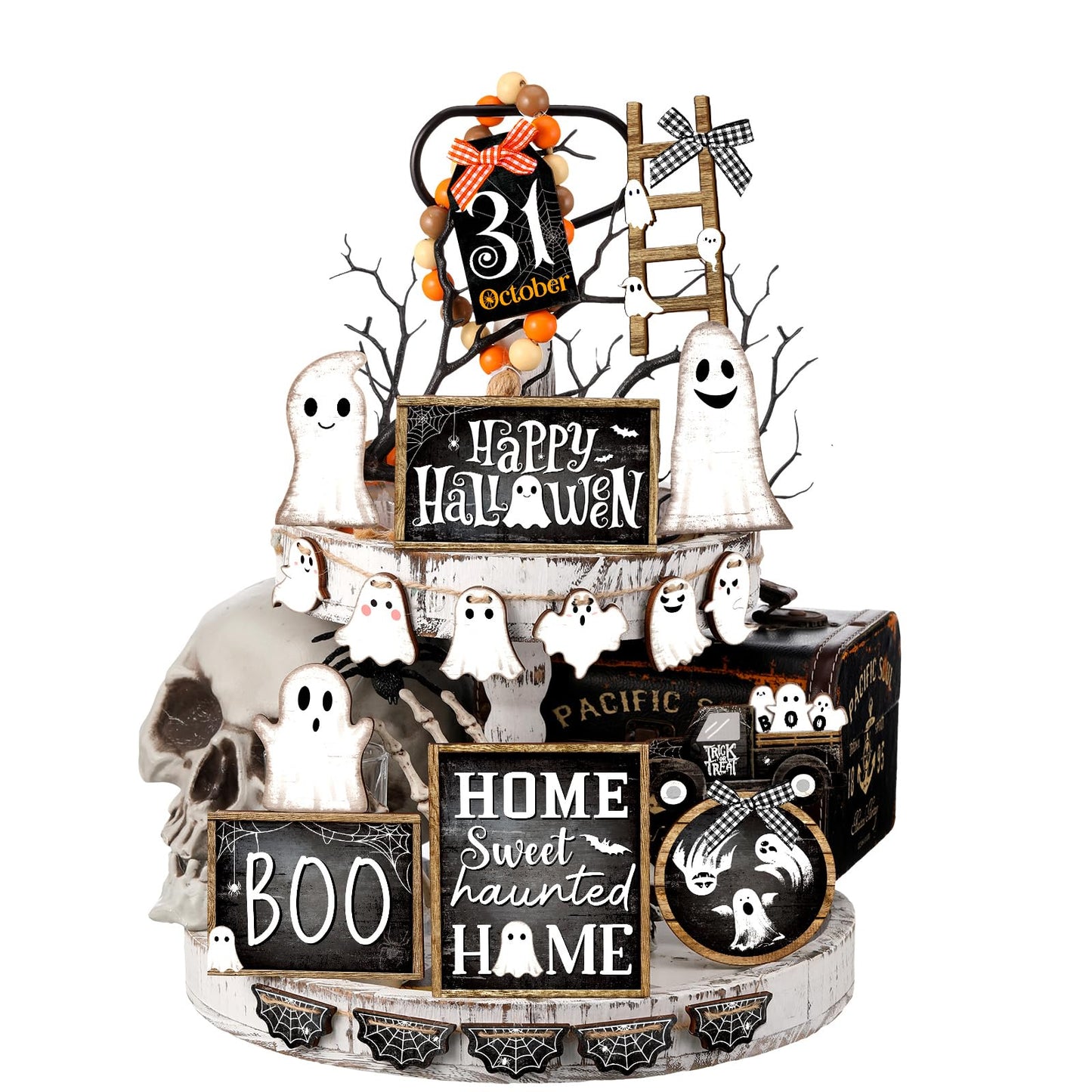 MiniInflat 1 Sets Halloween Tiered Tray Decor Set Happy Halloween Wooden Signs Rustic Table Centerpieces Farmhouse Decor for Home Table, Tray Not Included(Ghost,Black White)