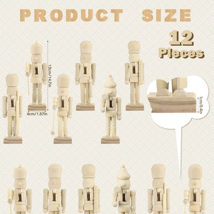 Sumind Christmas Unfinished Nutcracker Christmas Wooden Nutcrackers 5 Inch Xmas Craft Kit Box Paintable Nutcracker Figures for Adults Arts Project Ornaments Decoration(12 Pieces)