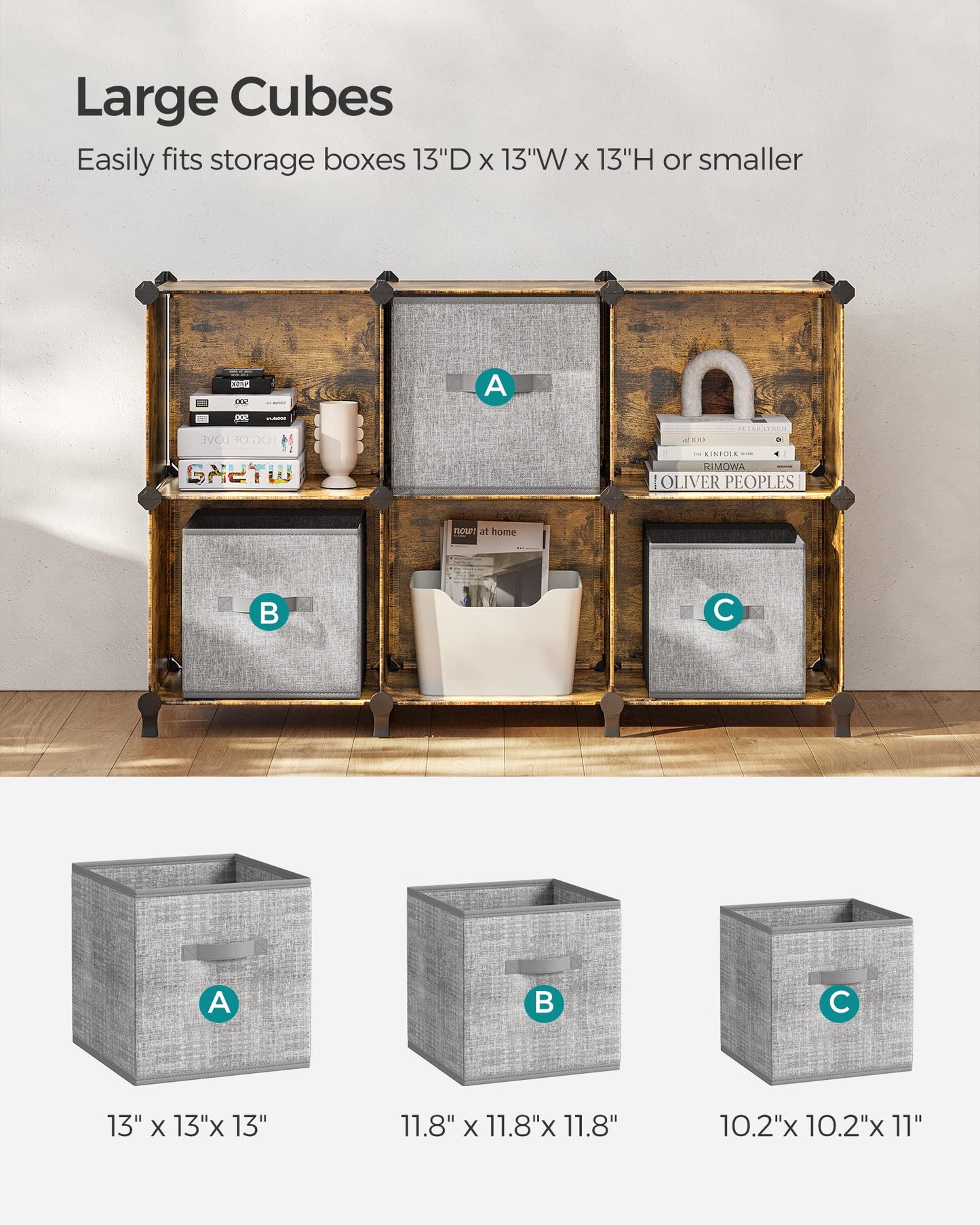SONGMICS 6 Cube Storage Organizer, Modular Bookshelf, DIY Closet Organizers and Storage, Plastic Stackable Shelves, 14.6 x 13 x 13 Inch Cubes, with Feet and Rubber Mallet, Rustic Brown ULPC206A01