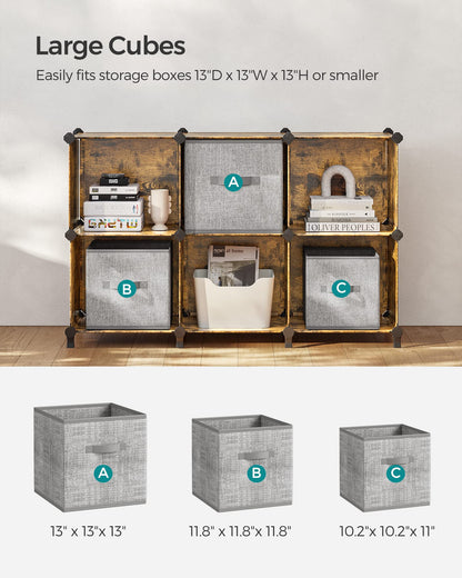 SONGMICS 6 Cube Storage Organizer, Modular Bookshelf, DIY Closet Organizers and Storage, Plastic Stackable Shelves, 14.6 x 13 x 13 Inch Cubes, with Feet and Rubber Mallet, Rustic Brown ULPC206A01