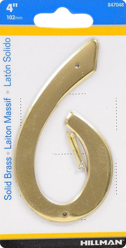 Hillman 847048 4-Inch Nail-On Traditional Solid Brass House Number 6