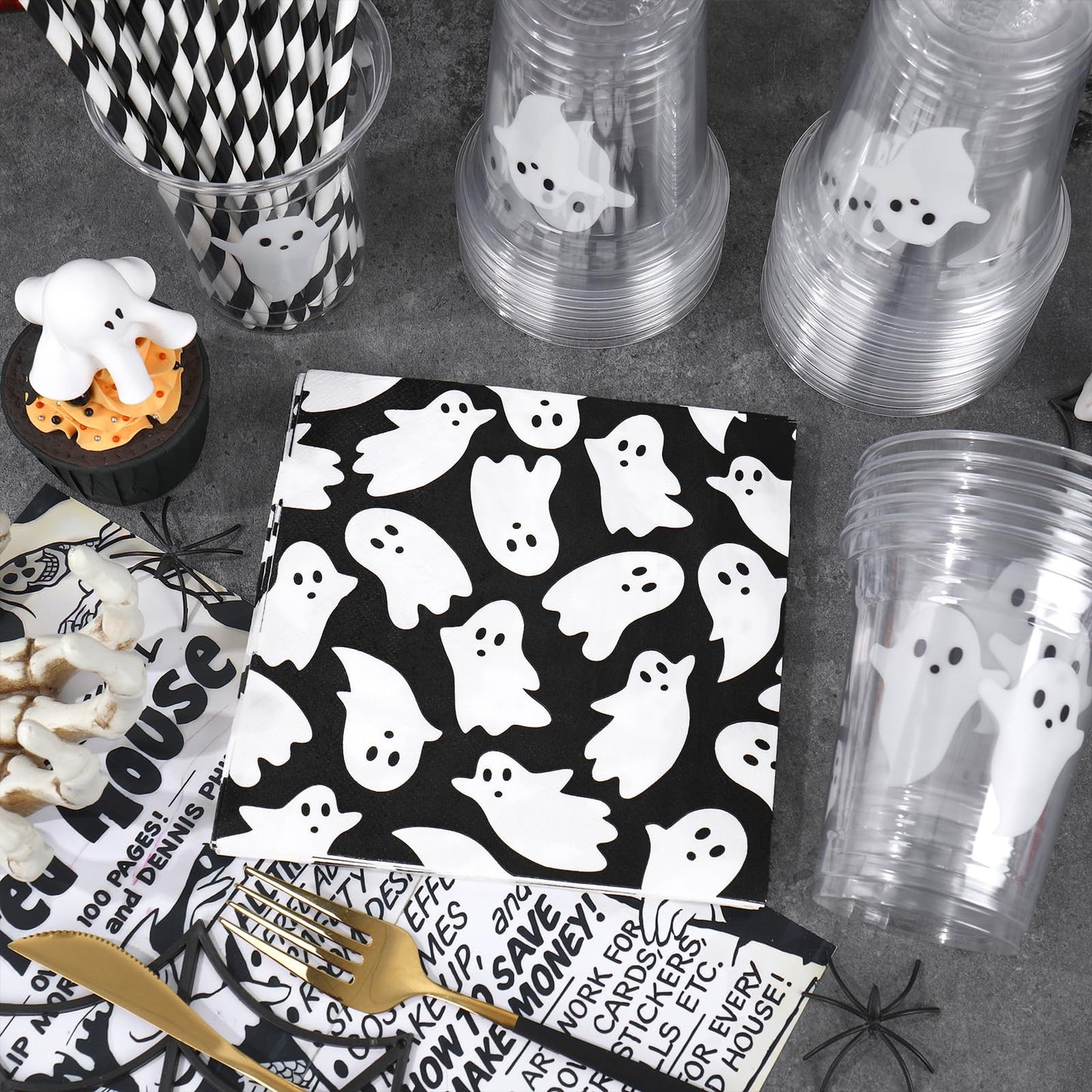 JarThenaAMCS Halloween Tableware Set Ghost Paper Napkins Disposable Plastic Cups with Lids and Straws for 50 Guests Holiday Party Supplies Table Decor