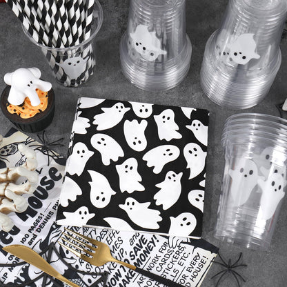 JarThenaAMCS Halloween Tableware Set Ghost Paper Napkins Disposable Plastic Cups with Lids and Straws for 50 Guests Holiday Party Supplies Table Decor