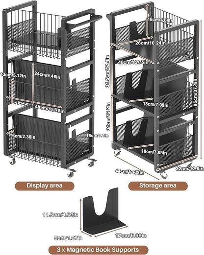 UMDONX Book Cart Heavy Duty Double-Sided with Silent Wheels & 3 Magnetic Book Supports Rolling Bookshelf Library Book Truck for Home, Office, or School