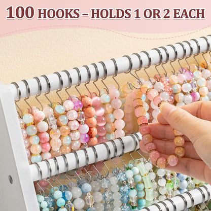 Bellaownia 4 Tier Bracelet Holder Stand with 100 Hooks, Wooden Bracelet Display Organizer Rack for Jewelry, Home, Vendors and Store Display (white)