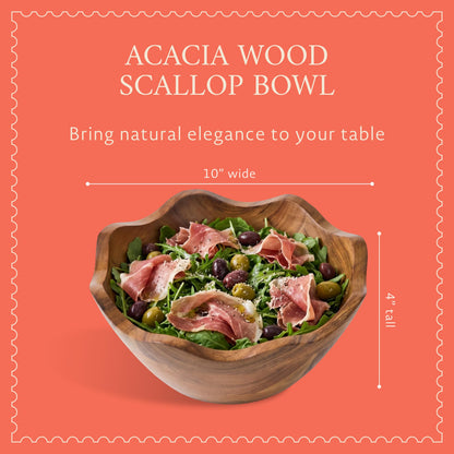 Mela Artisans 10 in Wide x 4 in Tall Scalloped Acacia Wood Salad Bowl – Decorative Serving and Fruit Bowl with Natural Finish for Kitchen Counter, Bread & Home Decor