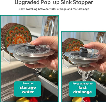 Kitchen Sink Drain Strainer 3 in 1, 304 Stainless Steel Pop Up Sink Stopper