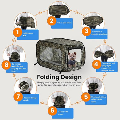 Beatrice Home Fashions Portable, Collapsible, Pop Up Kennel Travel Cat and Dog Crate, 36" L x 22" W x 22" H, Camo Green