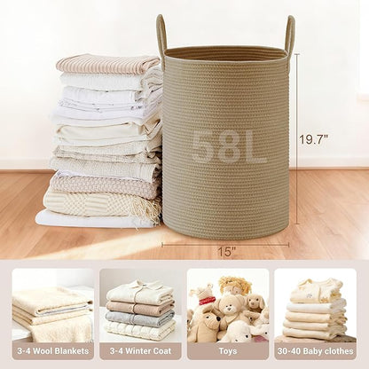 Tall Laundry Basket with Handles, 58L Portable Dirty Clothes Hamper, Boho
