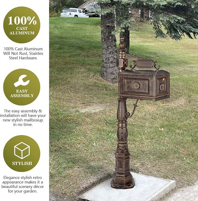 Polar Aurora Barcelona Decorative Post Mailbox Combination Stratford Heavy Duty Postal Mail Box Cast Aluminum(Bronze)