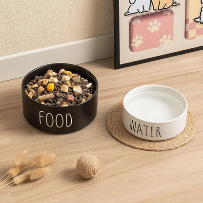 Ceramic Dog Bowls Set of 2 - Weighted Dog Dishes with Food & Water Lettering for Small and Medium Dogs, Food Grade Pet Bowl, Dishwasher & Microwave Safe (6 inch, 2 * 30oz, White)