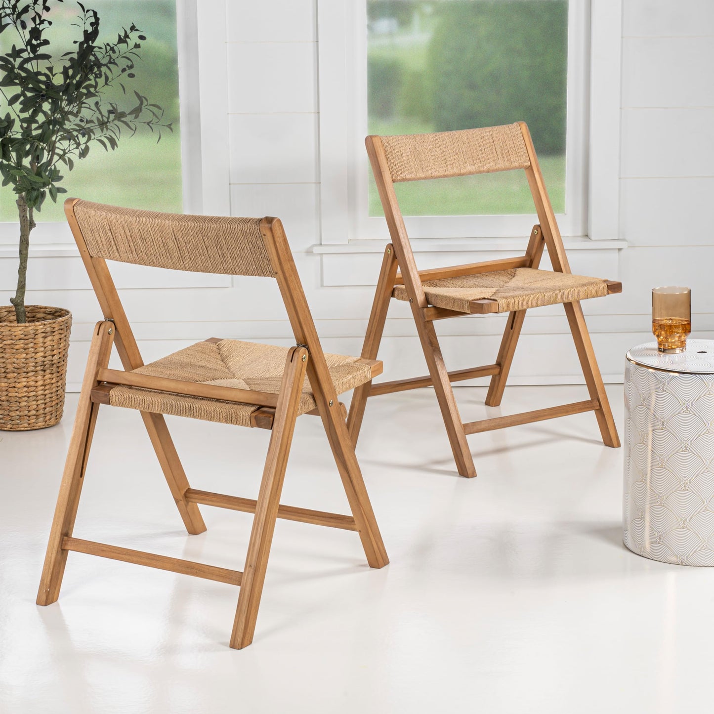 JONATHAN Y Kiawah Woven Seagrass and Natural Teak Wood Folding Chair Set of 2 for Dining Room, Coastal Armless Space-Saving Portable Seat with Natural Finish, No Assembly Required FLD1002A-SET2