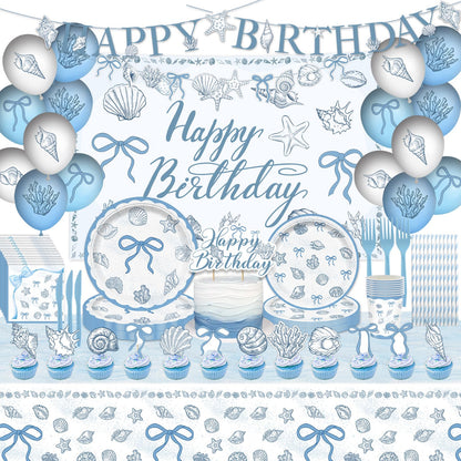 Seashell Birthday Party Decorations Include Balloons-Cake Topper-Cupcake Toppers-Banner-Backdrop-Plates-Beach Tablecloth-Napkins-Cups-Straw and Cutlery for The Summer I Turned Pretty Party Decor
