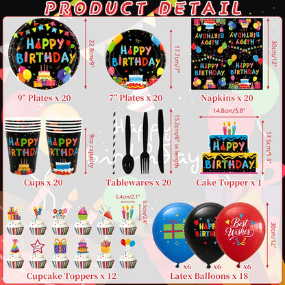 Obussgar Colorful Black Party Decorations - Black and Colourful Party Supplies including Backdrop, Plate, Cake Topper, Cup, Napkin, Balloon, Tablecloth - Serves 20