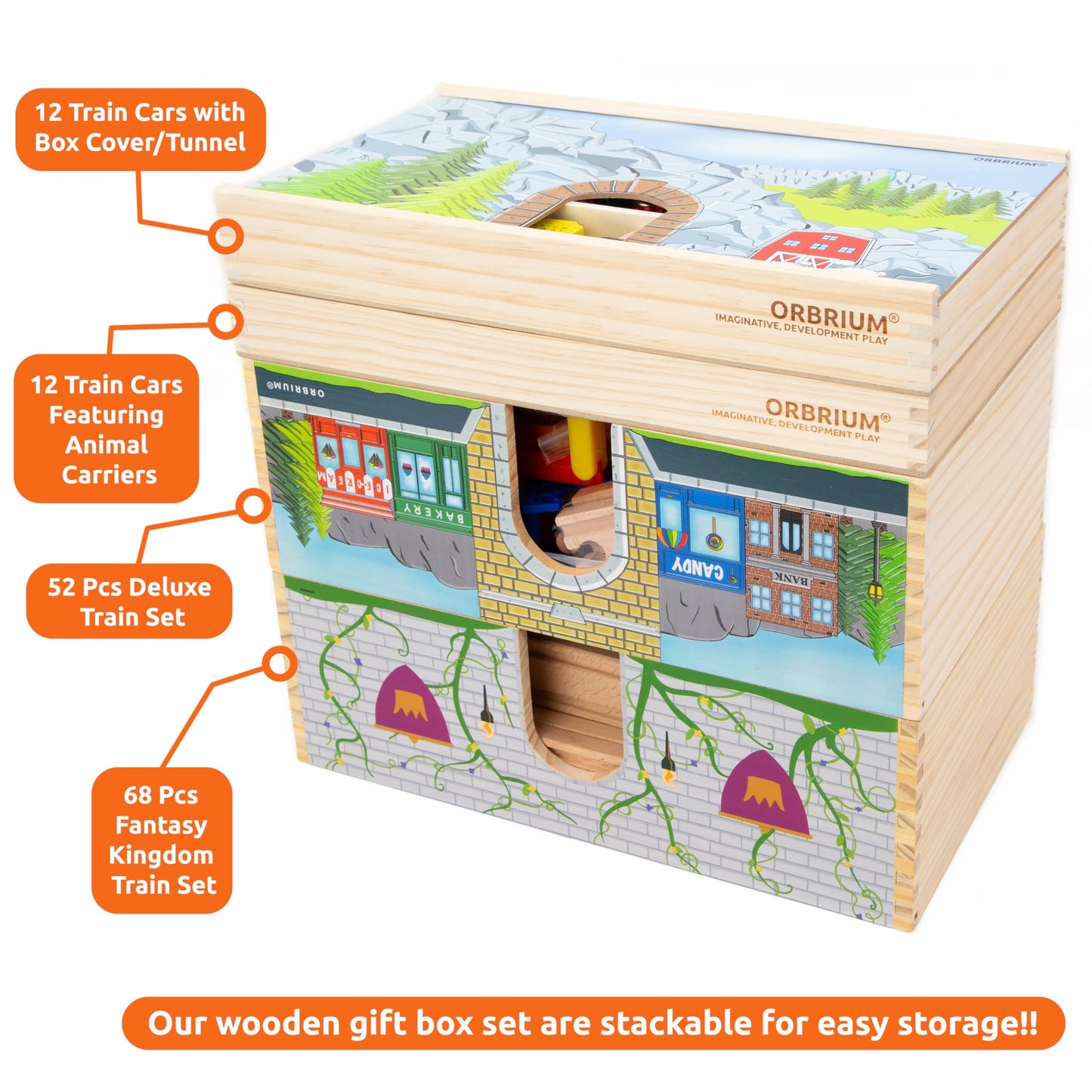 Wooden Train Set Deluxe 52 Pcs with Storage Gift Box Tunnel 9 Layouts Magnetic Trains STEM Montessori Toys Playset for Grandkids Toddler Boys Girls Kids 3+ compatible with Thomas Brio Melissa and Doug