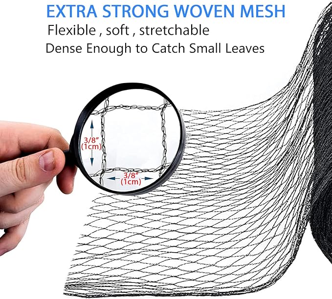 Koi Pond Netting Kit 28 x 30 FT, 3/8" Heavy Duty Woven Mesh Pond Net Cover for Leaves with 12 Stakes, HDPE Pool Netting Protecting Fish from Herons Birds Cats, Black