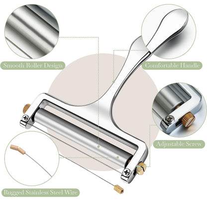 Bellemain Stainless Steel Wire Cheese Slicer - Hand Held Cutter for Cheddar, Gruyere, Raclette, Mozzarella Block, Adjustable Shaver, Thick & Thin Slicer, Curler (Silver)