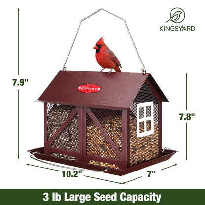 Kingsyard Metal Bird Feeder for Outdoors Hanging, 2-in-1 Wild Bird Feeder with Seed Tray & Built-in Perch, 5 lb Large Capacity for Cardinal Chickadee Finch, Bronze
