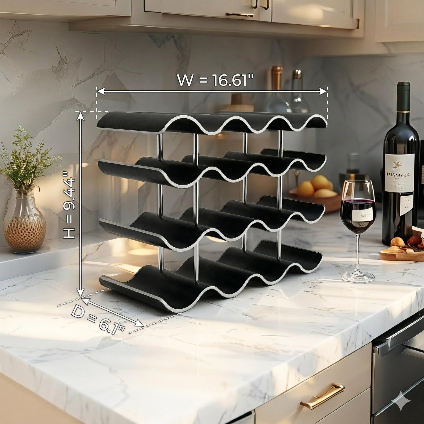Countertop or tabletop wine rack - Holds 15 bottles of wine - Premium engineered wood 3-tier wine rack - Wavy wine organizer for kitchen, closet, pantry, home, bar