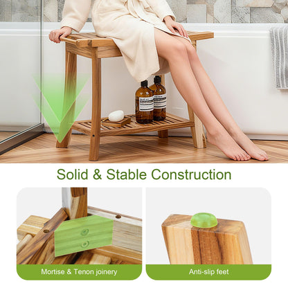 Jekruiet 24" Solid Teak Shower Bench with Towel Bar & Storage Shelf - Waterproof Bath Stool with Fixed Non-Slip Feet, 300lbs Capacity