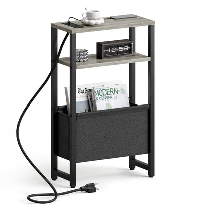 IRCPEN Narrow Side Table with Charging Station Slim End Table Sofa with Magazine Rack, Bedside Table for Small Spaces, 3 Tier Nightstand for Living Room Couch, Bedroom Oak Grey LET503QE