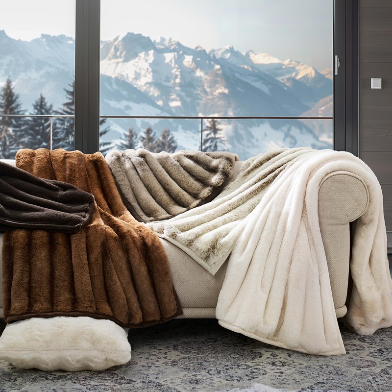 EverGrace Soft Luxury Faux Rabbit Fur Throw Blanket for Couch, Cozy Fluffy Channel Throw Blanket for Bed, Fuzzy Warm Thick Mink Blanket with Reversible Plush Velvet for Winter, Beige, 60"x80", 820GSM