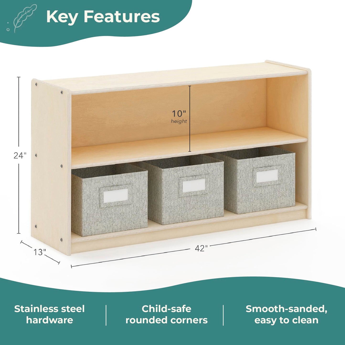 Guidecraft EdQ Two Shelf Open Storage 24'' Natural with 3 Fabric Bins: Wooden Multi-Purpose Bookcases and Toy Storage Organizer; Homeschool and Classroom Furniture