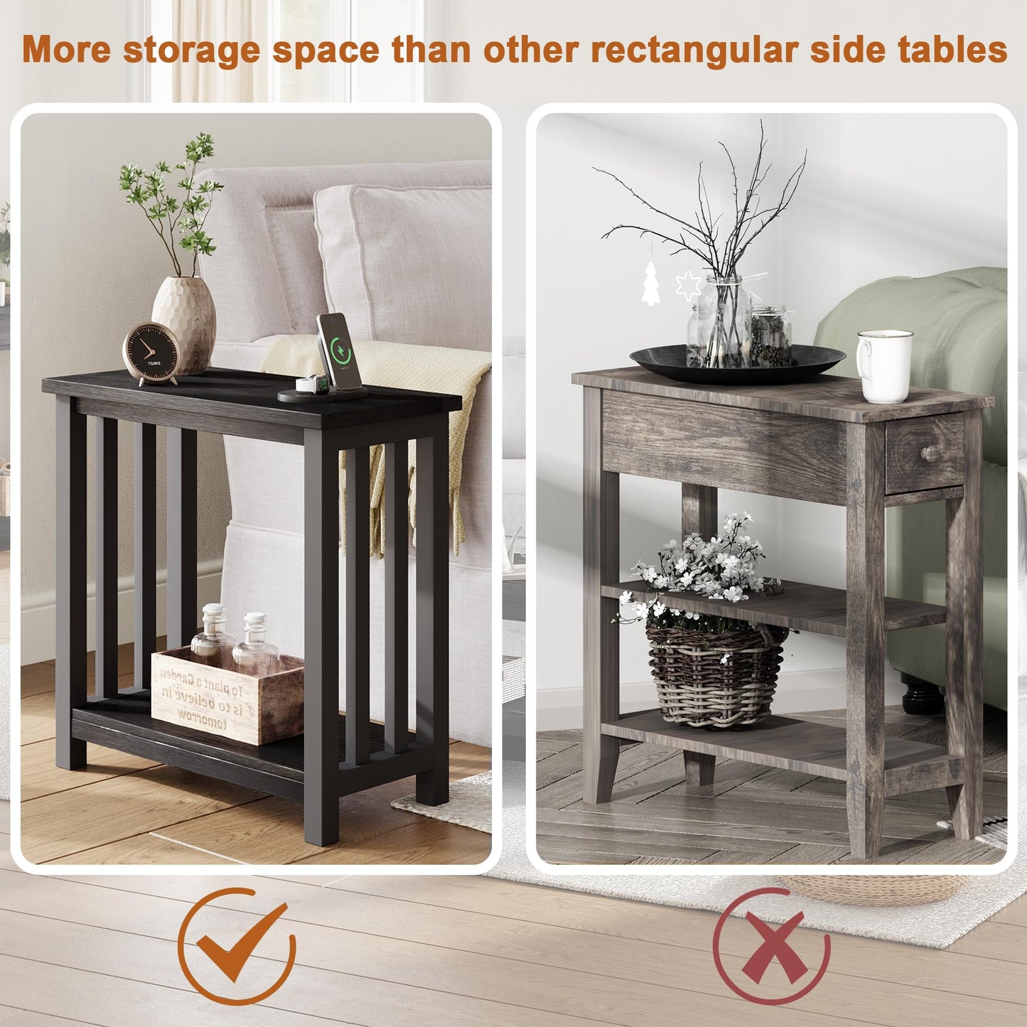 ChooChoo Black End Table for Small Spaces, Narrow Side Table, Night Stand with Storage Shelf for Living Room and Bedroom