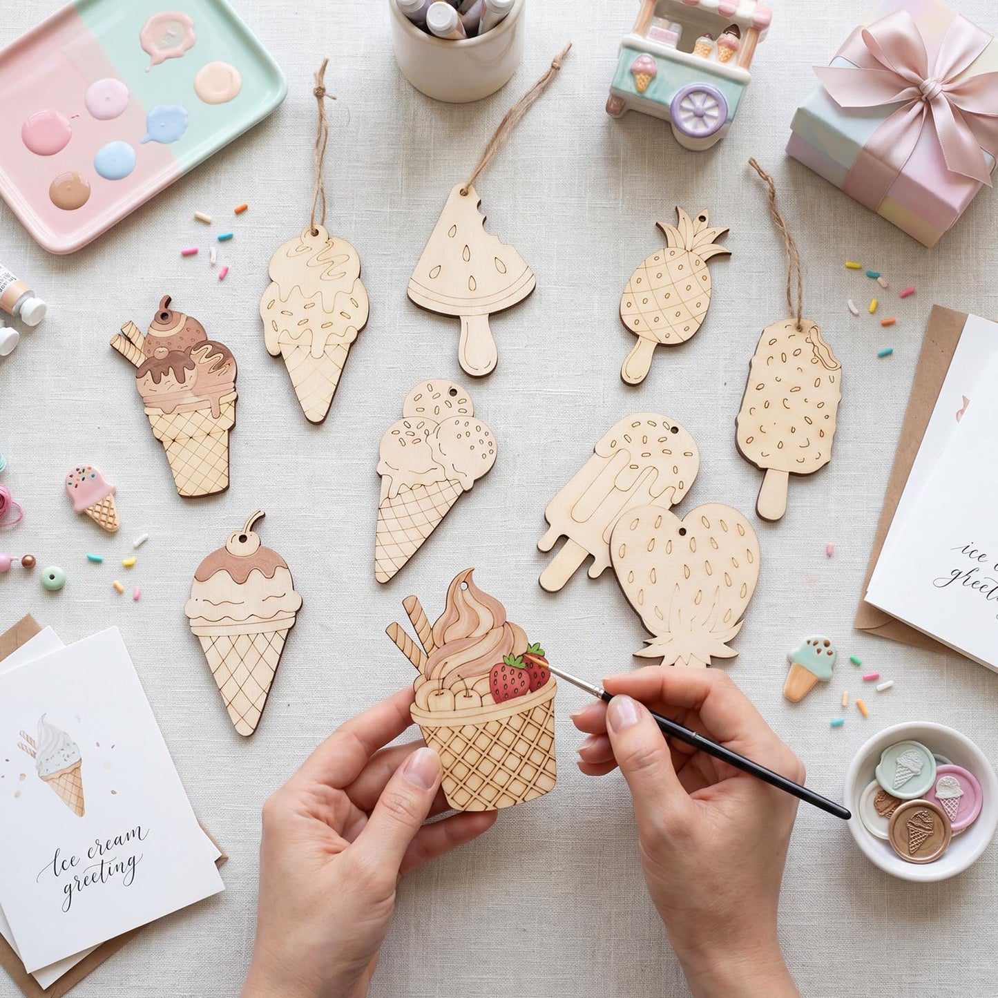 Thyle 120 Pcs Summer Ice Cream Crafts Bulk Wooden Ice Cream Ornaments to Painting DIY Unfinished Blank Wood Cutout for Crafts for Summer Party Activities