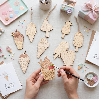 Thyle 120 Pcs Summer Ice Cream Crafts Bulk Wooden Ice Cream Ornaments to Painting DIY Unfinished Blank Wood Cutout for Crafts for Summer Party Activities