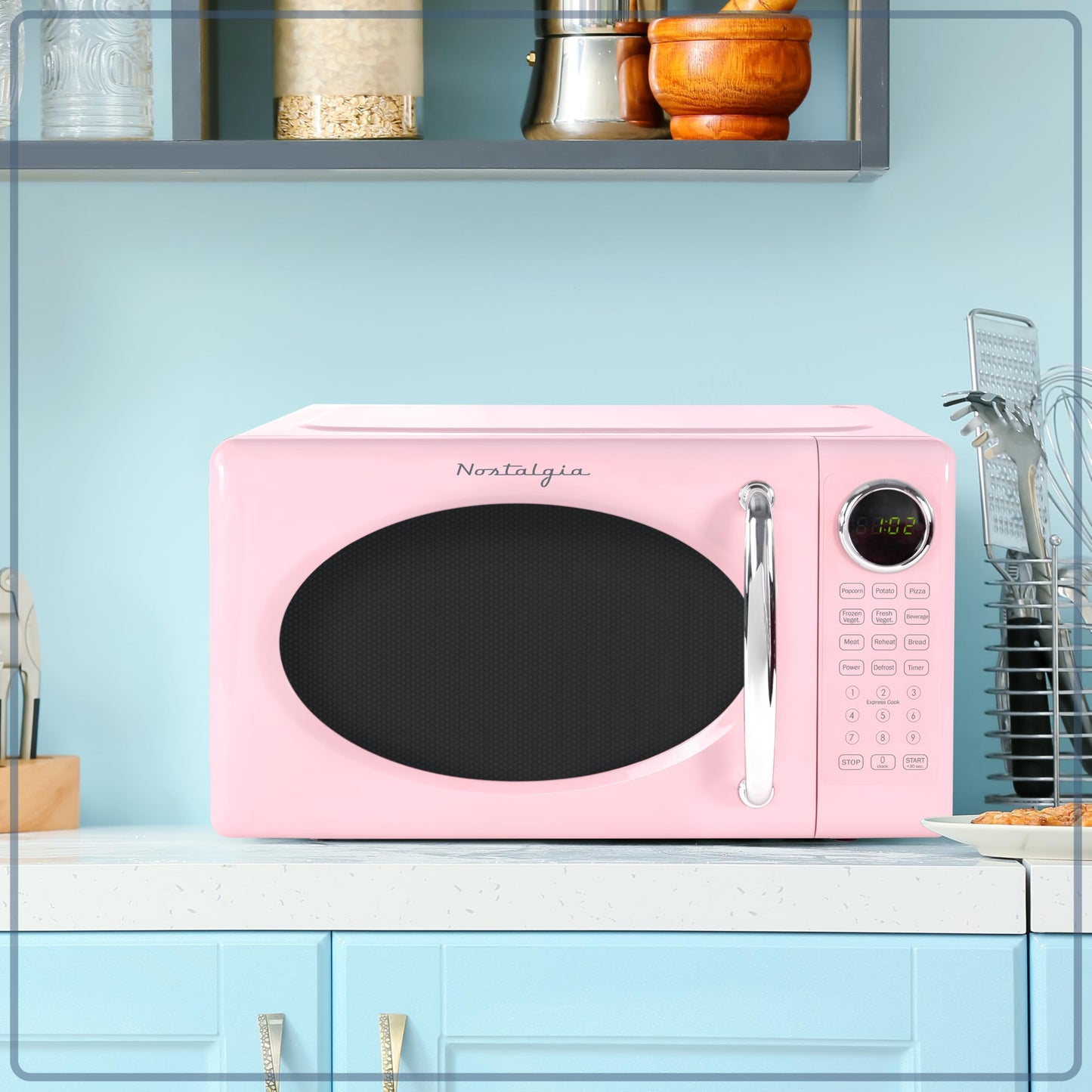 Nostalgia Retro Microwave Oven - 0.7 Cu Ft, 700-Watt Countertop Size with Glass Turntable, Child Safety Lock, 8 Auto-Cook Programs, Digital Clock - Aqua