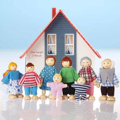 Jzszera 15 Pcs Wooden Dollhouse People with Movable Limbs, Doll House Family Figures for Educational Pretend Play