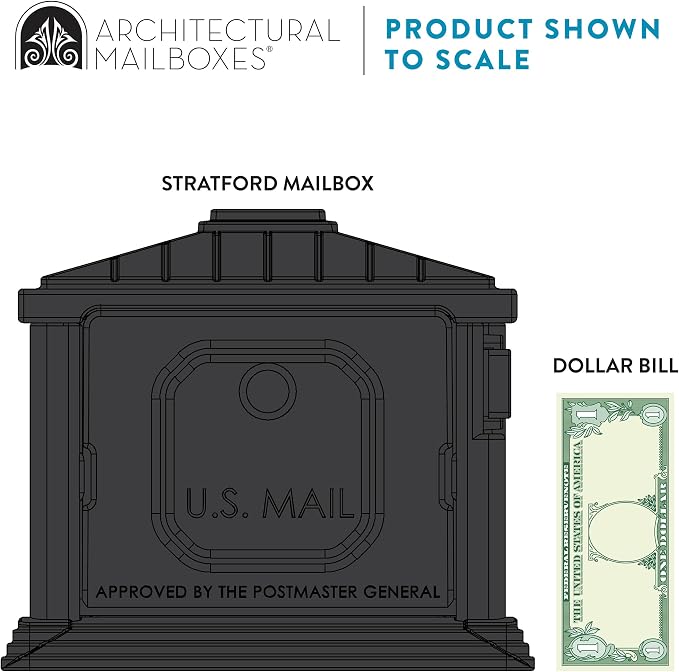 Architectural Mailboxes Stratford Plastic Mailbox and Post Kit, SC000BAM, Black, Medium Capacity | Includes the matching post and all hardware. Durable plastic build with weather-resistant outdoor construction. USPS approved