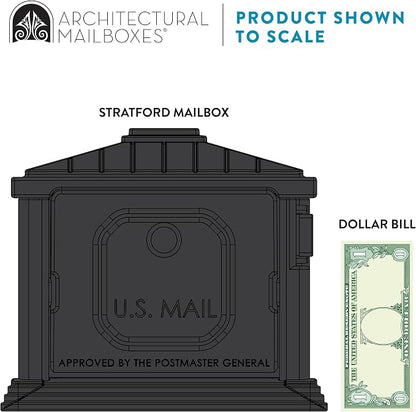 Architectural Mailboxes Stratford Plastic Mailbox and Post Kit, SC000BAM, Black, Medium Capacity | Includes the matching post and all hardware. Durable plastic build with weather-resistant outdoor construction. USPS approved