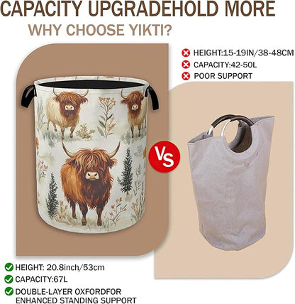 Laundry Hamper, Highland Cow Laundry Basket, Farmhouse Watercolor Flower