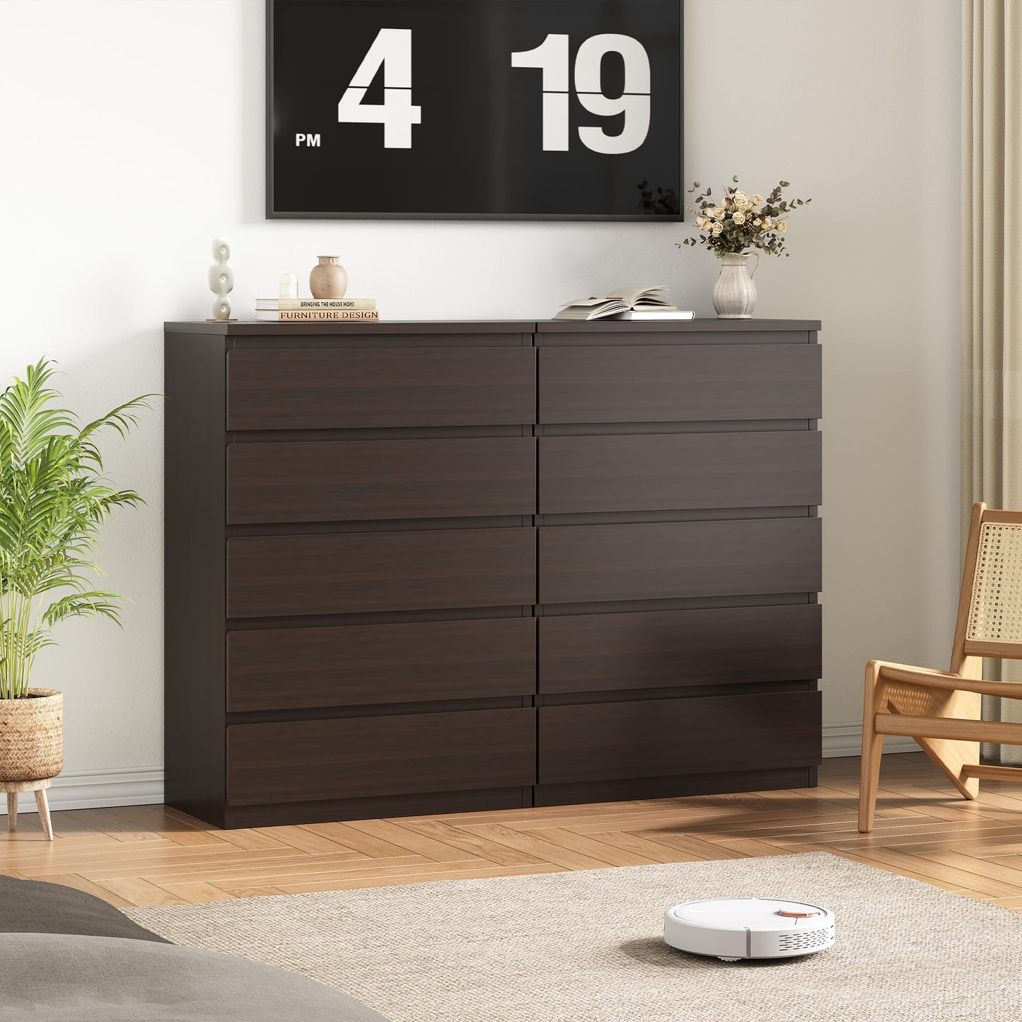 Jocoevol Modern Brown 5 Drawer Dresser for Bedroom, Simply Chest of Drawers, Wood Storage Dresser with Deep Drawers for Living Room Hallway Entryway, Brown