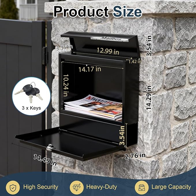 Modern Black Mailbox Wall Mount for Outside, Large Locking Security Key Drop Mail Box, Heavy Duty Galvanized Steel Post Box for House, Weatherproof Collection Box (14.57"x14")