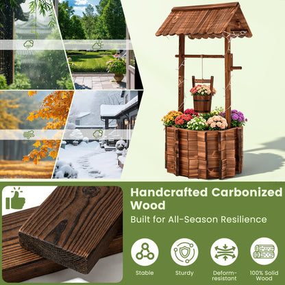 AUTO DAYA 54" Wooden Wishing Well Planter with 11-Mode LED Lights, Timer Settings, Rustic Outdoor Garden Decor with Adjustable Hanging Bucket, Drainage Base & Liner for Patio Yard Backyard