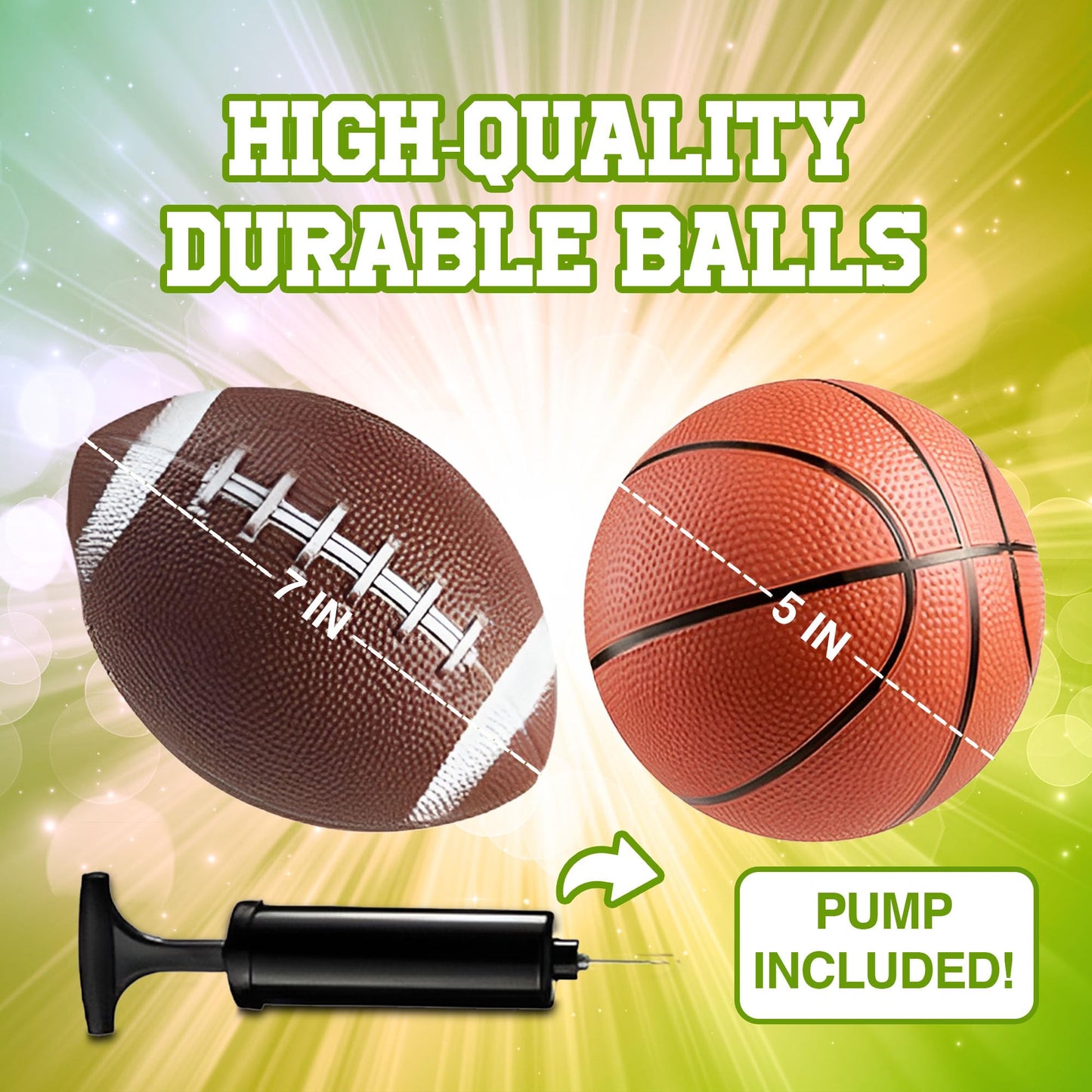 Bedwina Sports Balls for Kids & Toddlers - (Pack of 4) 5-inch Sports Set Includes Football, Soccer, Basketball, and Playground Ball, Fun Indoors & Outdoor Toys (Hand Pump Included)