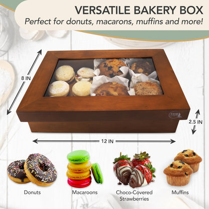 EcoLeafy Dot Wooden Bakery Box with Window - 12x8x2.5 Inches– Treat Boxes for Pastry, Desserts, Donuts, Muffins or Baked Goods- Comes with Reusable Canvas Bag-Ideal Baker Gifts for Women