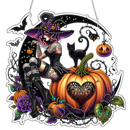 VODAPYC Halloween Witch Diamond Art Hanging Kit for Adults, DIY Double Sided Special Shaped Diamonds Art Window Pendant Ornament for Home Decor(Halloween Witch)