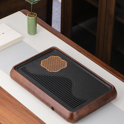 AUUKYII Wooden Chinese Tea Tray15 x 10 x 2 inches，Japanese Tea Serving Tray, Gongfu Tea Table Set with Reservoir Type Water Storage Box