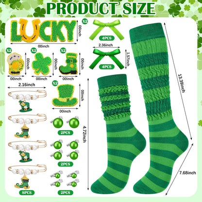 Chicingyou 40 Pcs St. Patrick's Sock and Charms Kit for Women Include 2 Pairs DIY Irish Socks 38 St. Patricks Charms Accessories Jewelry Decor Irish Chenille Patches Brooch Green Shamrock Patrick Gift
